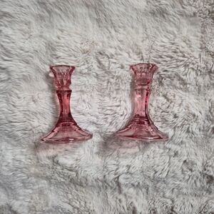 Vintage Depression Glass Candle Holders Set of 2 Pink MCM Mid Century Modern Hom